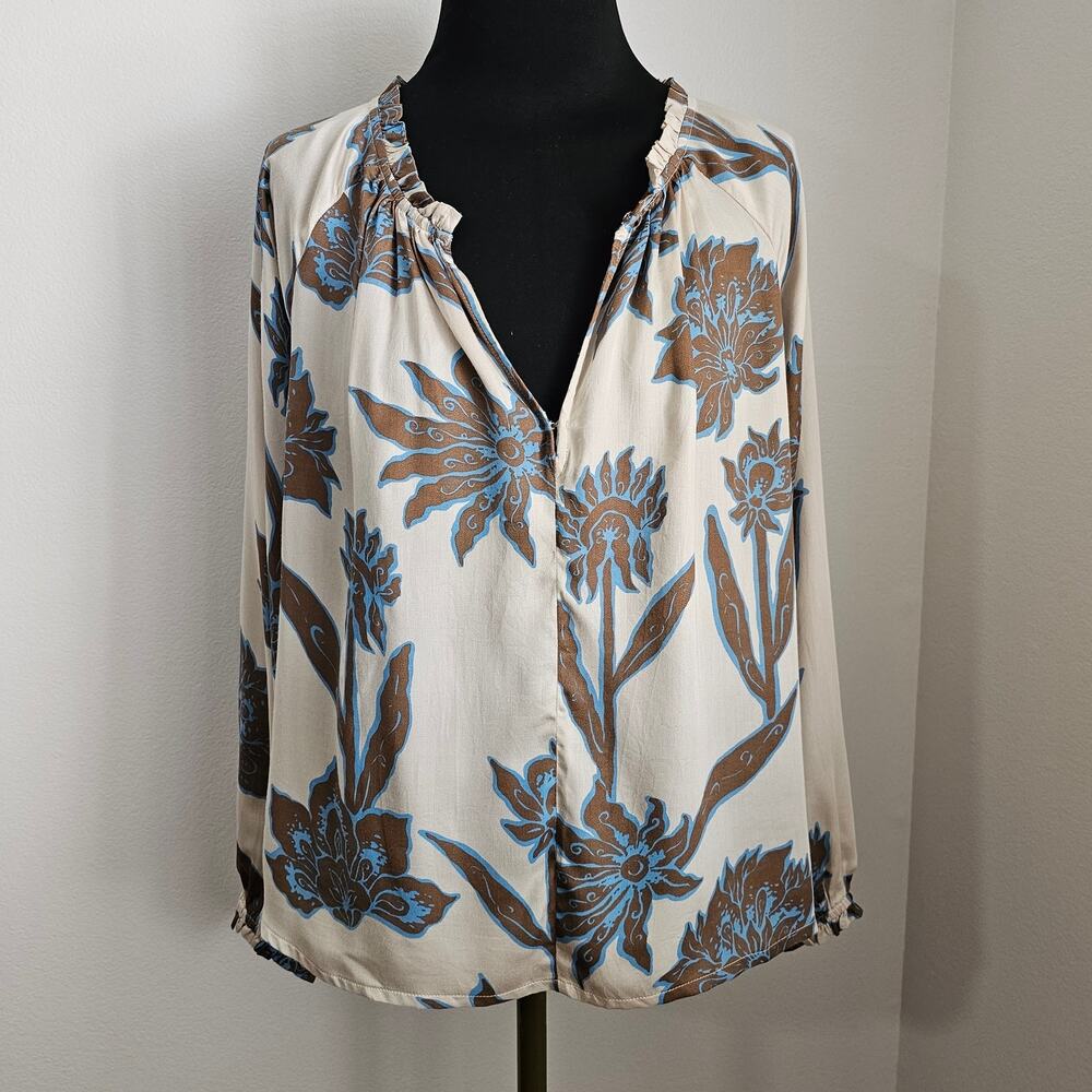 OMIKA Bohemian Boho Silky Brown Floral Print on Cream Puffy Sleeves Blouse Top S